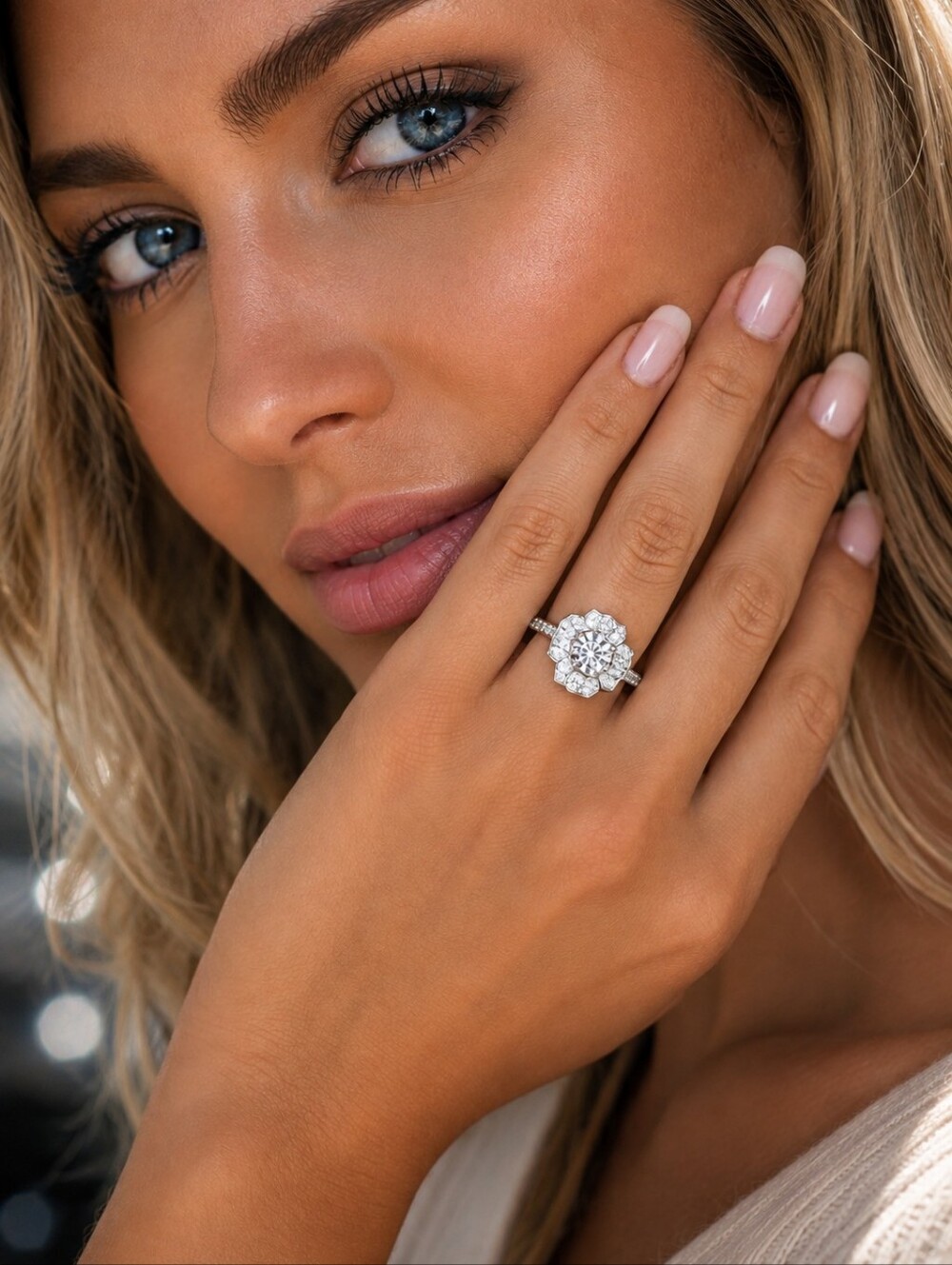 Radiant White Floral Cluster Ring - Brilliant White Silver Tone.